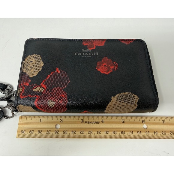 Coach Floral Poppy Double Zip Around Wristlet Wallet Black Red Leather - Picture 10 of 11